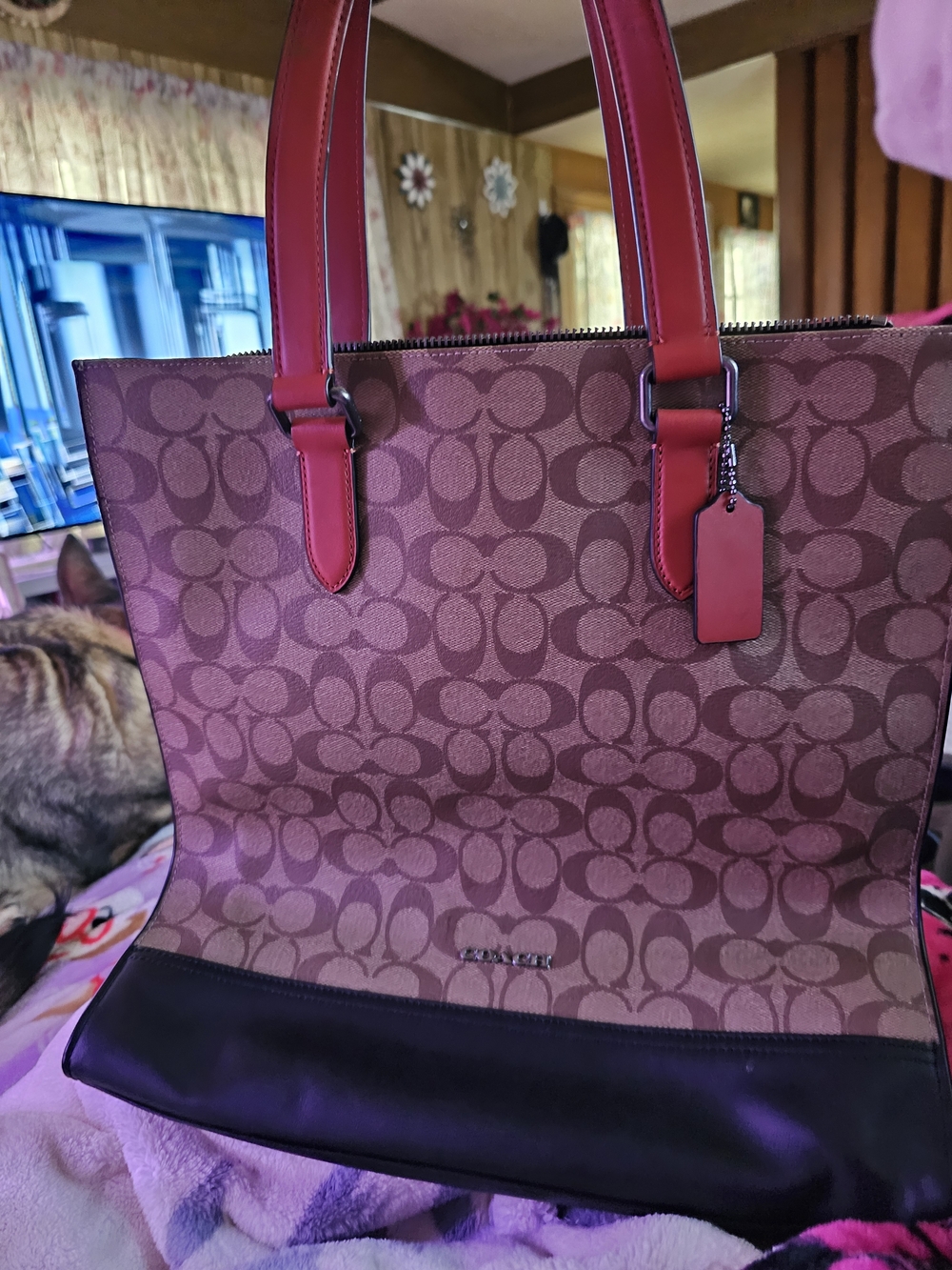 Coach Signature Canvas Tote Bag in Brown with Red Handles NWOT Retail $498 - Picture 2 of 7